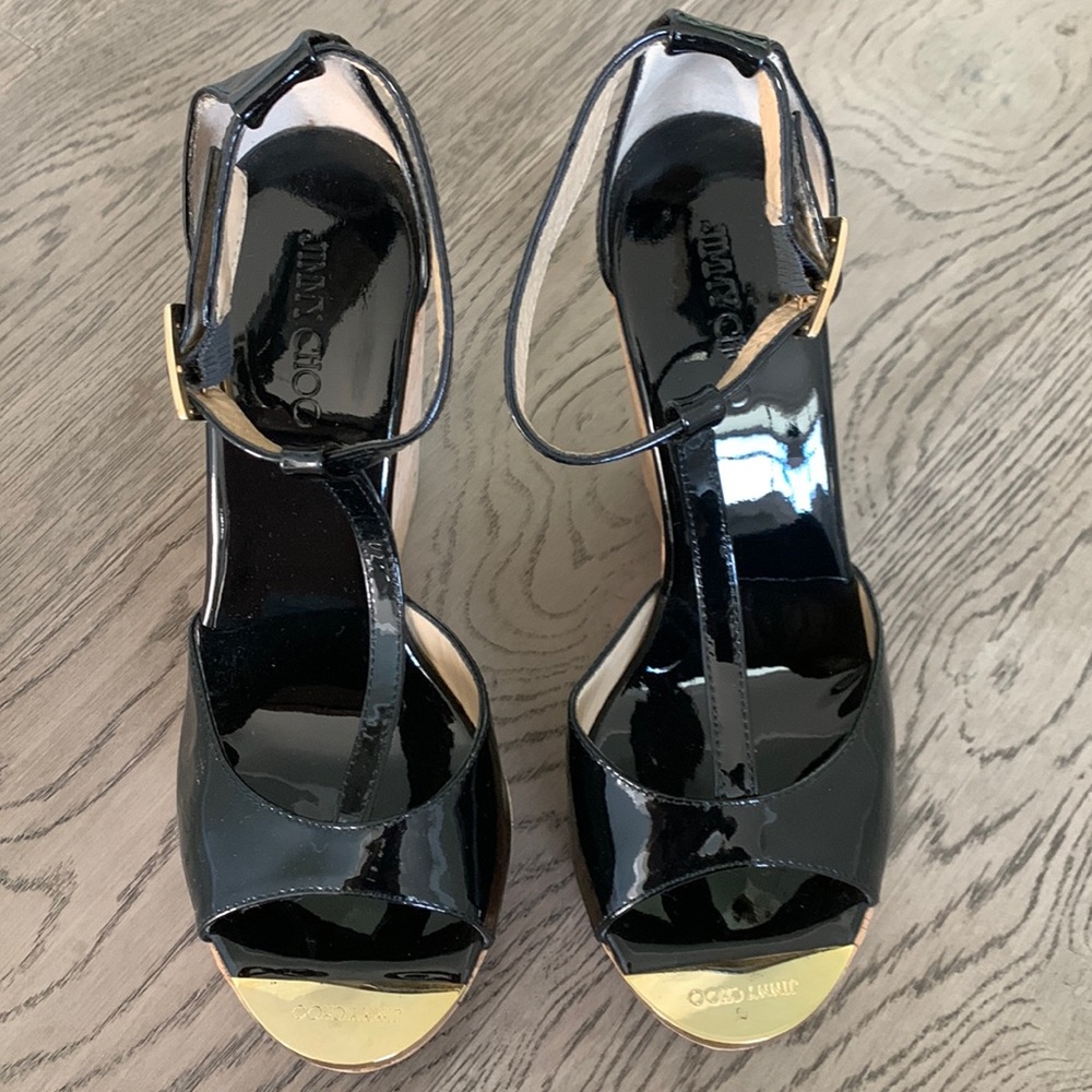 Jimmy Choo 130mm black patent t-strap cork wedge